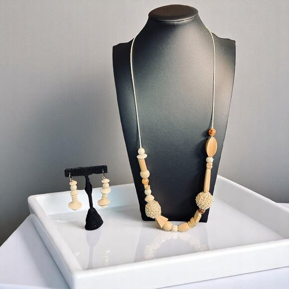 Boho Natural Wood Bead Necklace Earrings Set Chunky Statement Artisan Jewelry - Picture 1 of 10